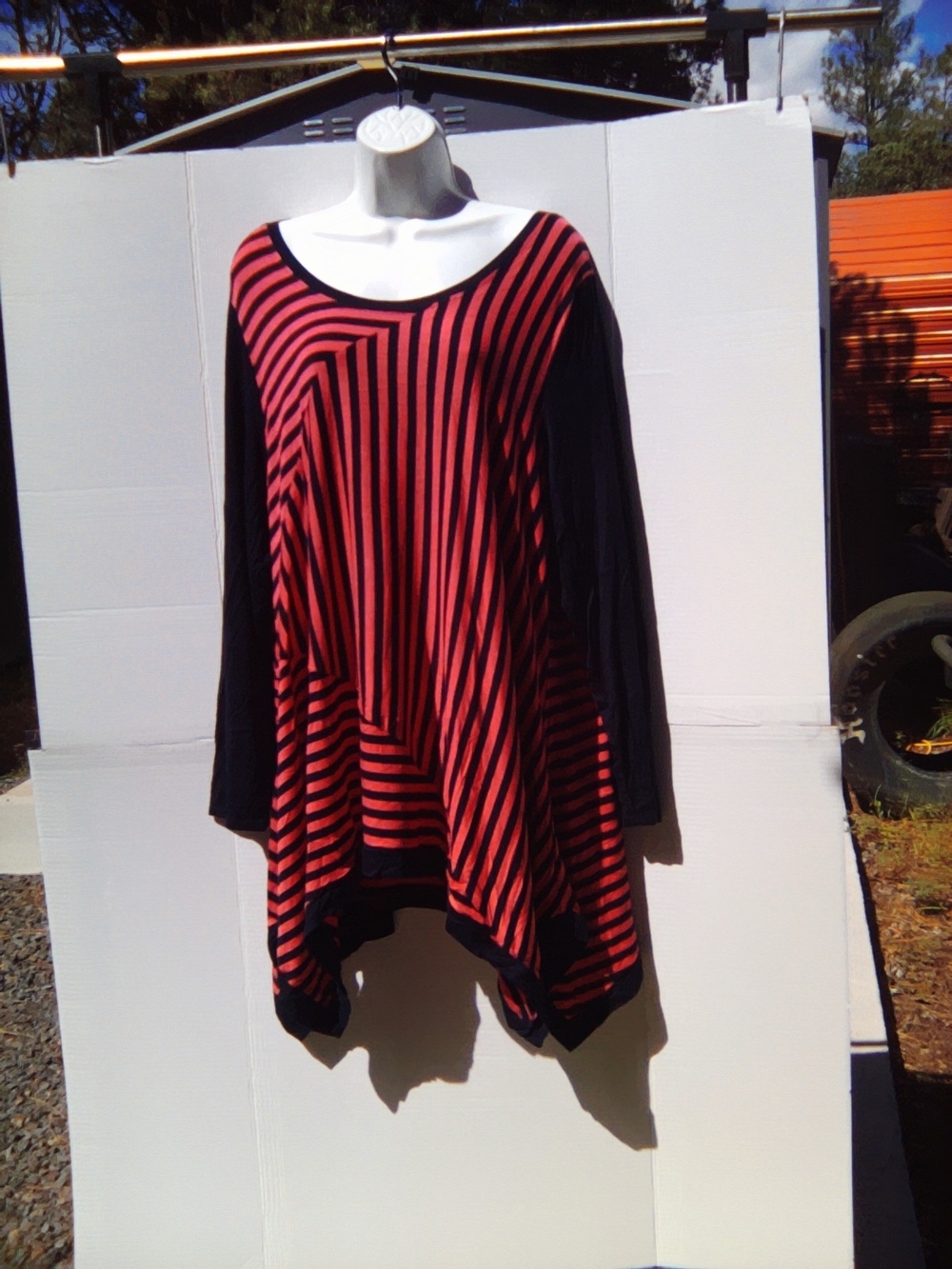 Pink and Navy Blue Striped Women's Tunic Top - Flowing Handkerchief Hem